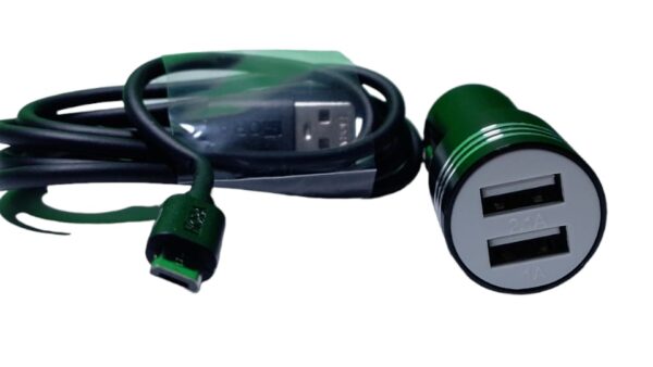 Combo cargador para auto cigarrera de 2 salidas USB de 2.1A y 1A de aluminio con cable de USB a V8